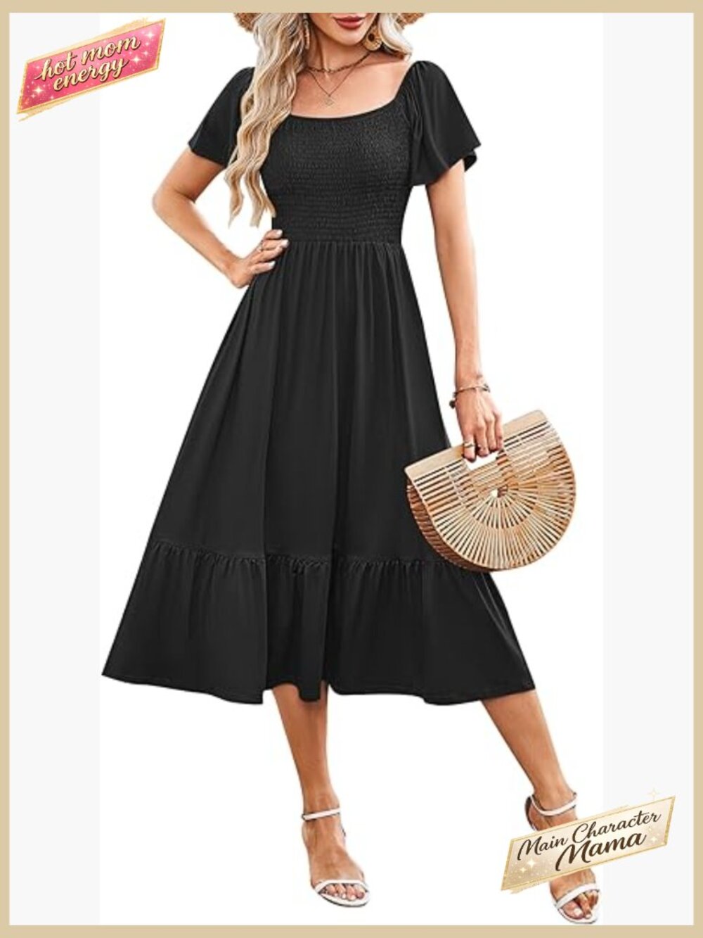 Square Neck Smocked Midi Dress Flutter Sleeve Empire Waist Summer Casual - Picture 1 of 7